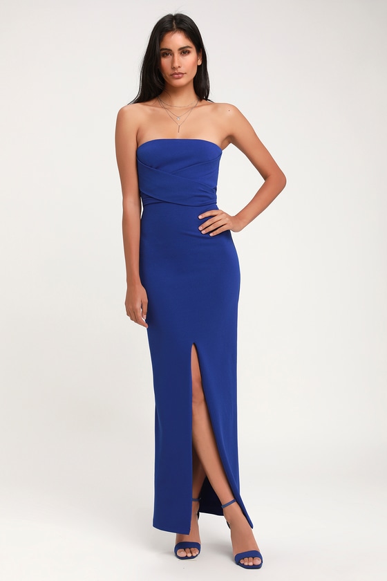 blue strapless gowns