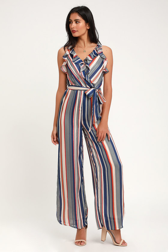 Cute Striped Jumpsuit - Wide Leg Jumpsuit - Surplice Jumpsuit - Lulus