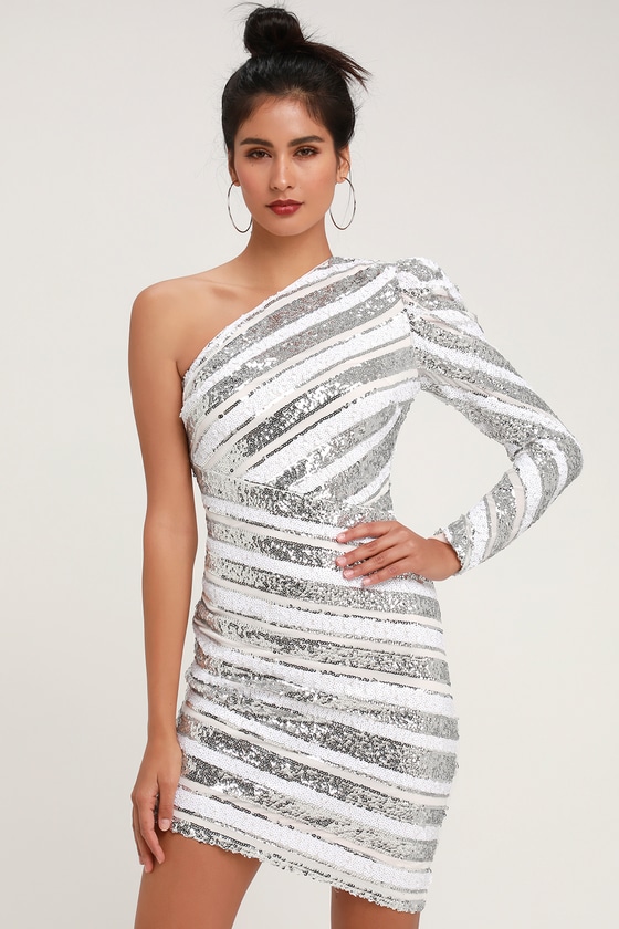 white sequin one shoulder dress