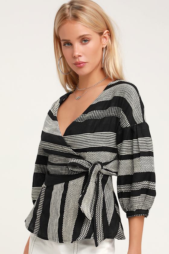 Cute Black and White Striped Top Black Surplice Top Linen Top Lulus