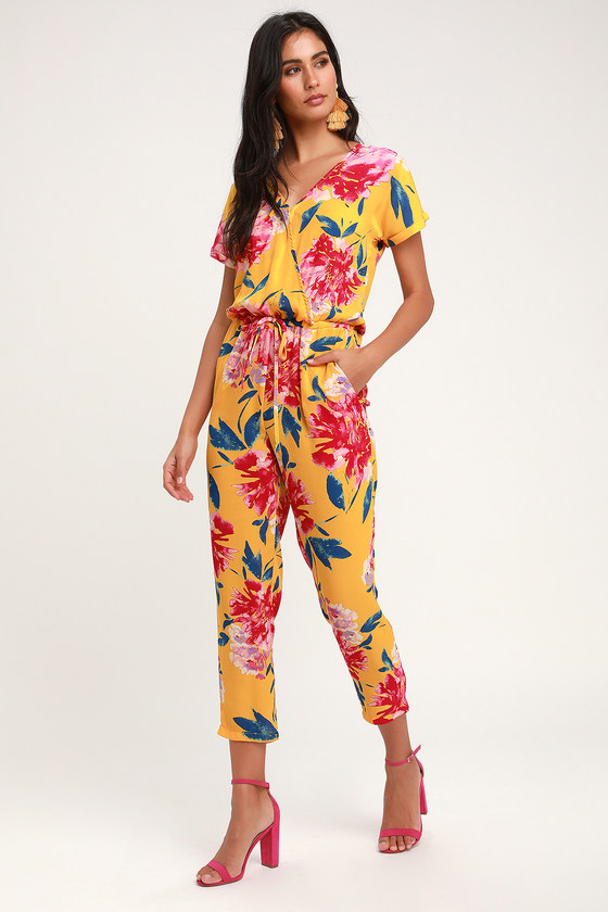 Mustard Yellow Floral Print Jumpsuit - Surplice Jumpsuit - Lulus