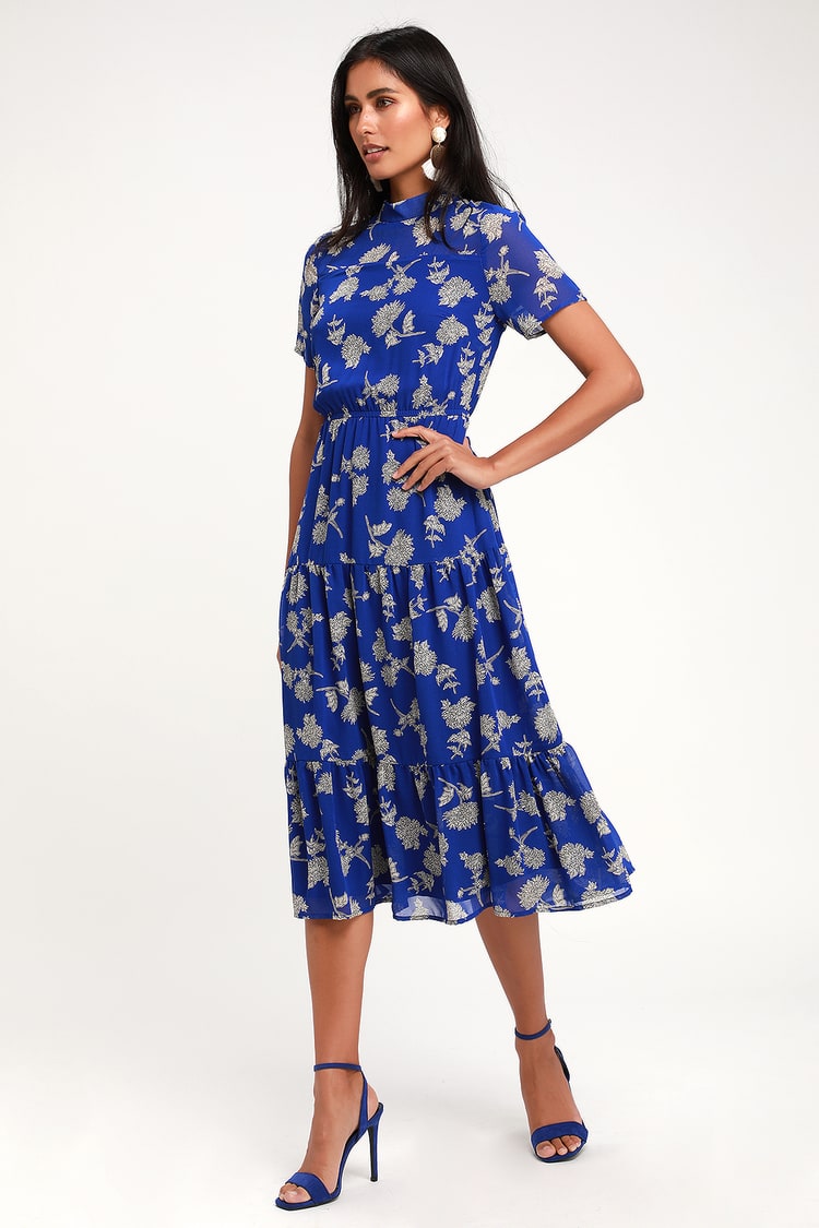 Blue Floral Dress - Midi Dress Short Sleeve Dress - Lulus