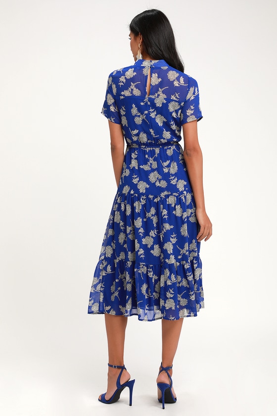 Royal Blue Floral Print Dress - Midi Dress - Short Sleeve Dress