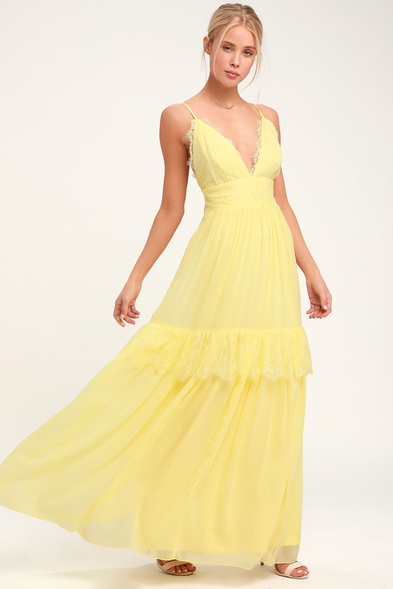 Pale Yellow Lace Dress - Lace Maxi ...