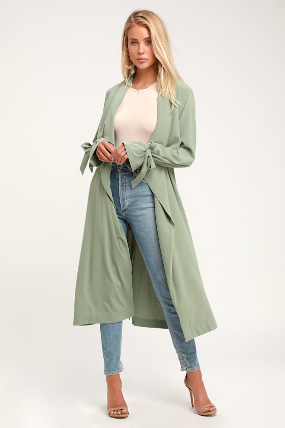 Charlotte Sage Green Long Sleeve Trench Coat 1