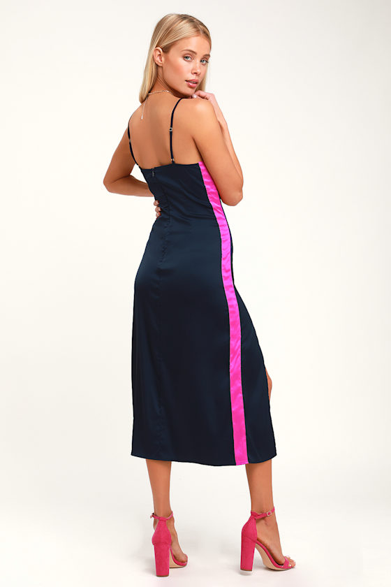 navy blue satin dress midi