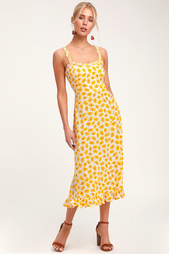 Noemie Yellow Floral Print Ruffled Midi Dress 1