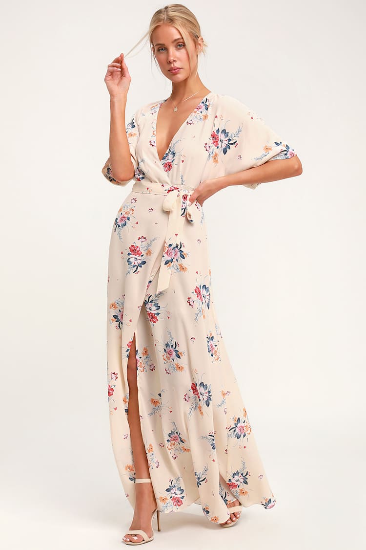 Socialite Flaming - Cream Floral Dress - Wrap Maxi Dress - Lulus