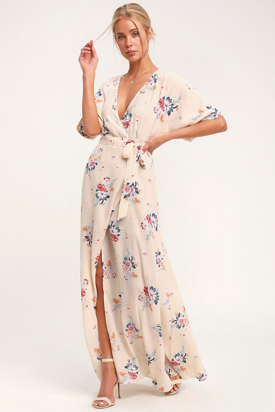 Flaming Cream Floral Print Wrap Maxi Dress 2
