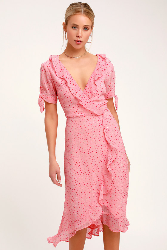 Cute Light Pink Polka Dot Dress - Ruffled Dress - Midi Dress - Lulus