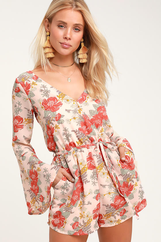Cute Blush Pink Romper Bell Sleeve Romper Floral Print Romper Lulus