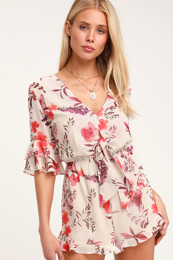 Belleza Beige Floral Print Tie-Front Romper