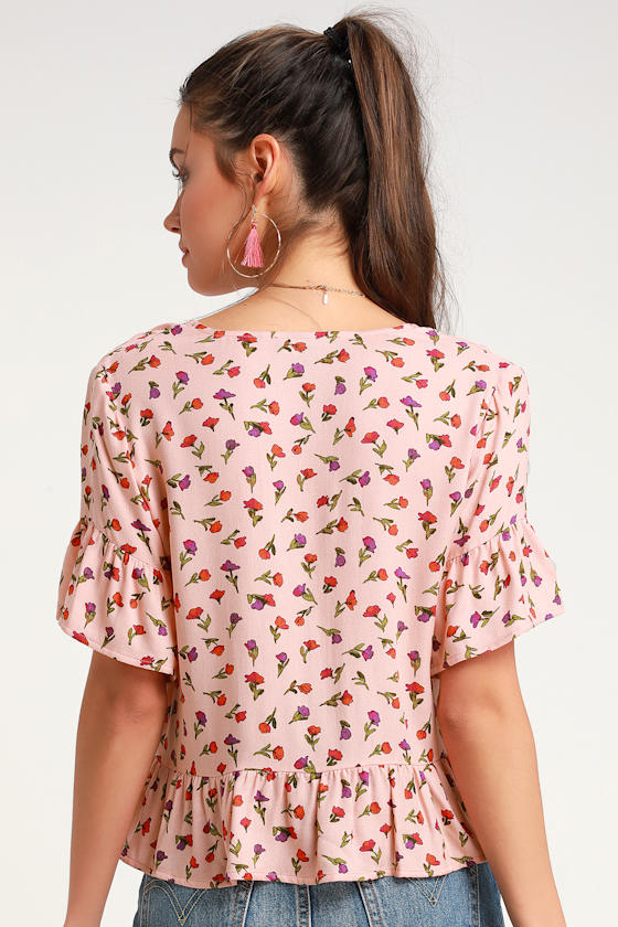 Breah Blush Pink Floral Print Tie-Front Top 2