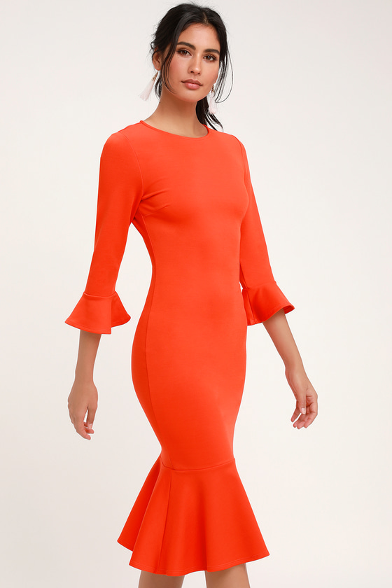 Cute Bright Orange Dress - Bodycon Dress - Flounce Sleeve Dress - Lulus