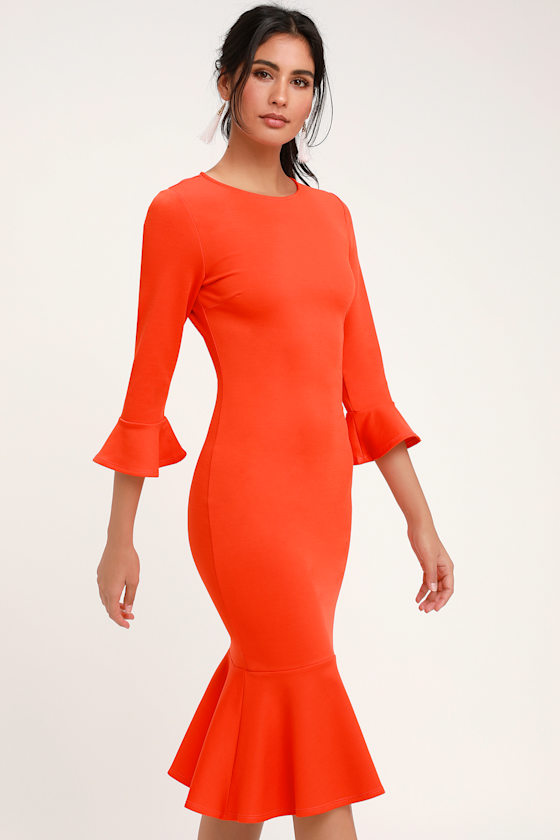 Creme de la Creme Bright Orange Trumpet Hem Bodycon Midi Dress 4