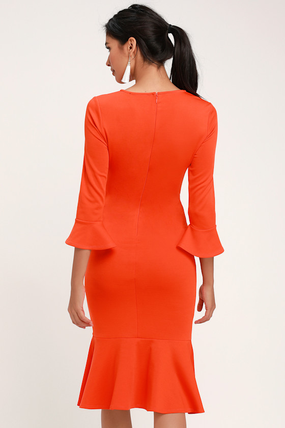 Cute Bright Orange Dress - Bodycon Dress - Flounce Sleeve Dress - Lulus