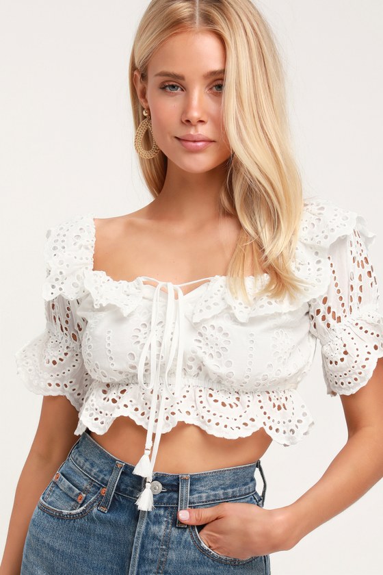 Honey Punch - White Eyelet Crop Top - Eyelet Off-the-Shoulder Top - Lulus