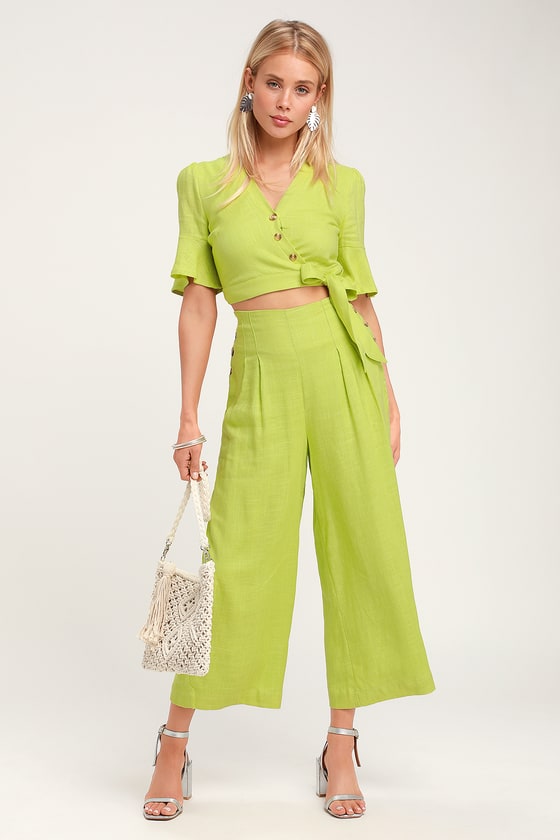 Lost + Wander Cactus Bloom - Lime Green Pants - Wide-Leg Pants - Lulus