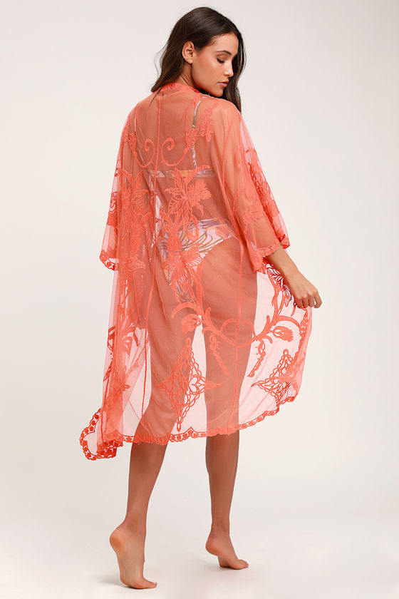 Cherish Coral Sheer Embroidered Mesh Kimono 3