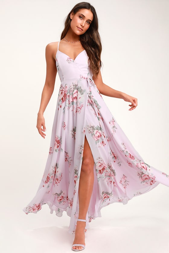 Elegantly Inclined Lavender Floral Print Wrap Maxi Dress 1