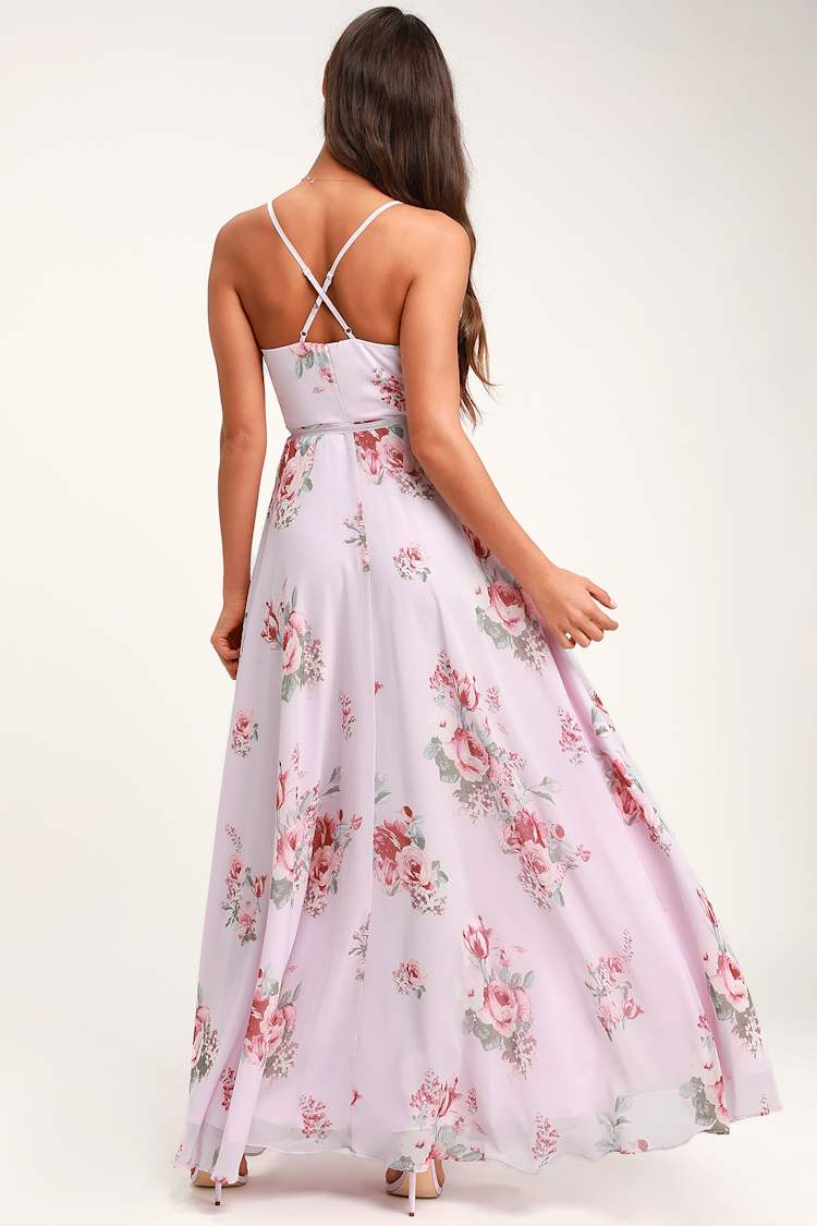 Elegantly Inclined Lavender Floral Print Wrap Maxi Dress