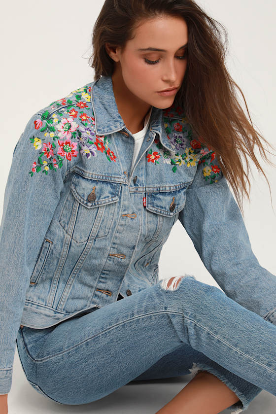 Ex-Boyfriend Light Wash Floral Embroidered Denim Trucker Jacket 1