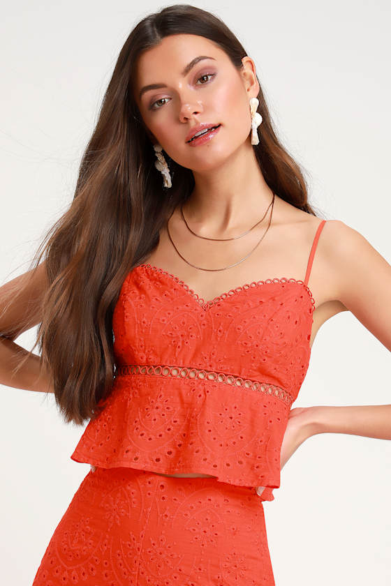 Coastline Coral Red Eyelet Peplum Crop Top 2