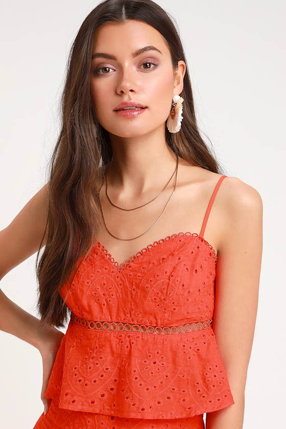 Coastline Coral Red Eyelet Peplum Crop Top 5