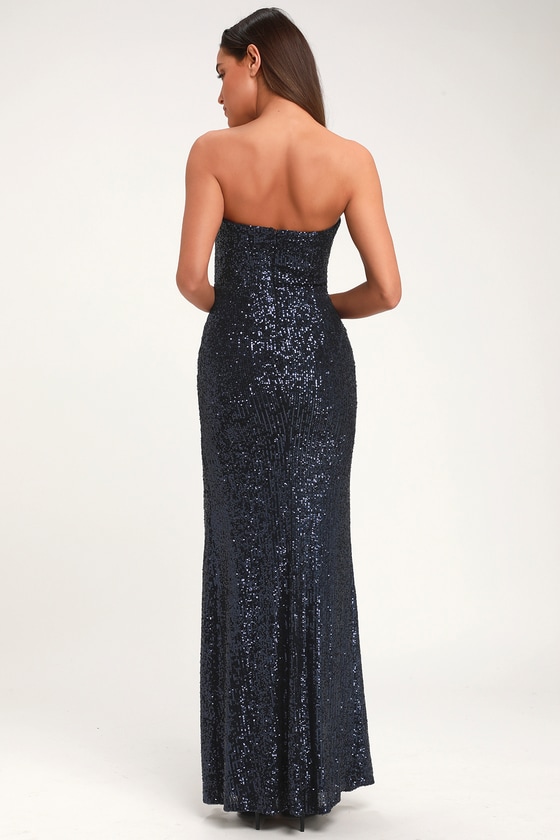 blue sequin strapless maxi dress