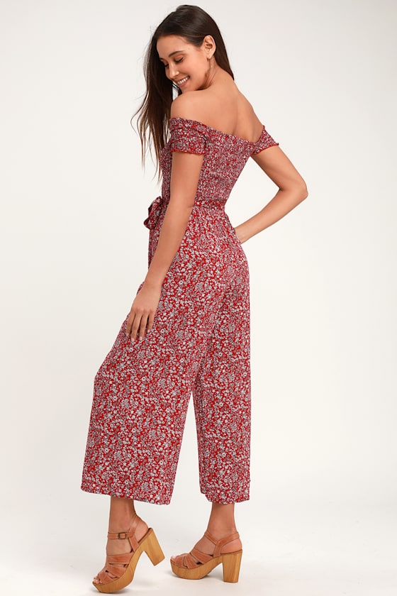 Behold Red Floral Print Off-the-Shoulder Jumpsuit 4