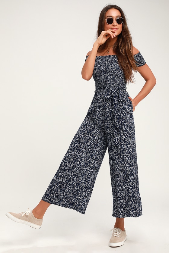 Cute Jumpsuit - Navy Blue Floral Jumpsuit - Wide-Leg Jumpsuit - Lulus