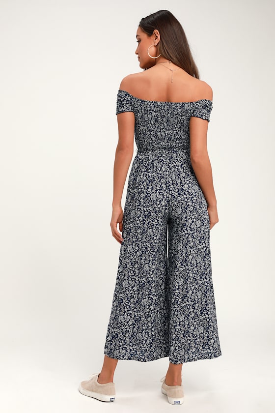 Behold Navy Blue Floral Print Off-the-Shoulder Jumpsuit 3