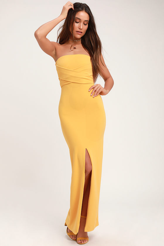 Lovely Golden Yellow Dress Strapless Dress Maxi Dress Gown Lulus