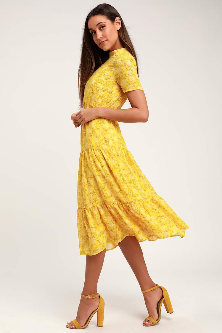 knee length dresses for ladies Fable Yellow Strapless Fitted Knit Midi Dress with Floral Eyelets main image 0