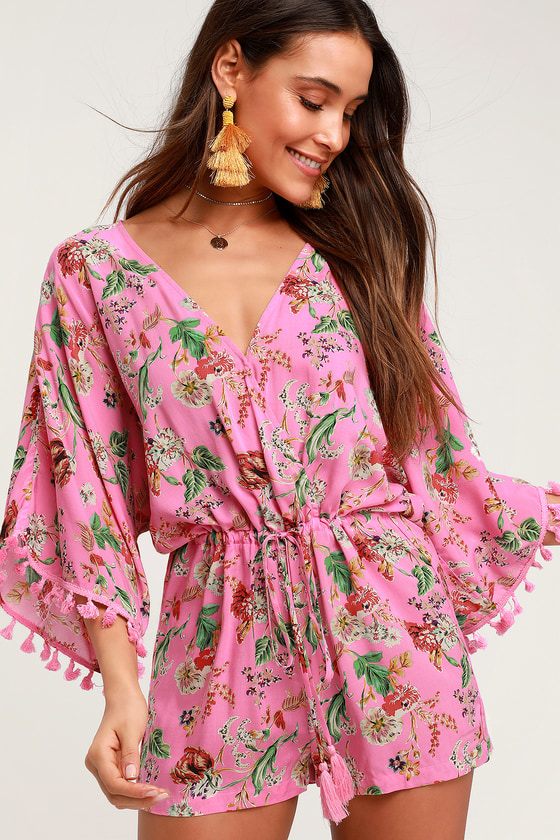 Cute Pink Floral Print Romper - Kimono Sleeve Romper - Surplice - Lulus