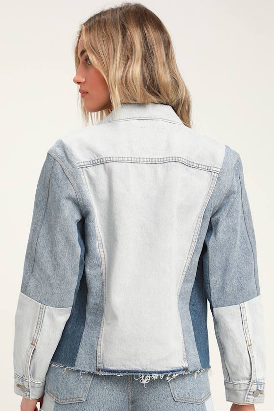 Ex-Boyfriend Sport Trucker Blue Color Block Denim Jacket 3