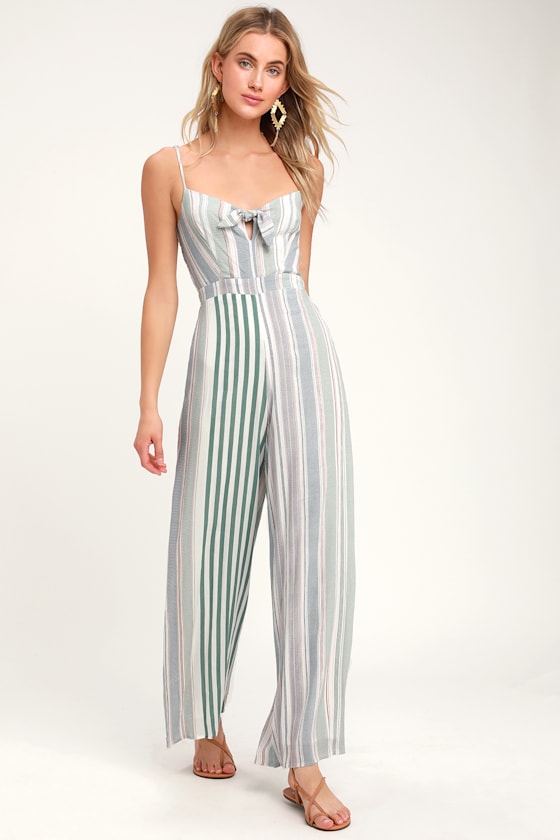 Promise Sage Green Striped Knotted Front Jumpsuit 1