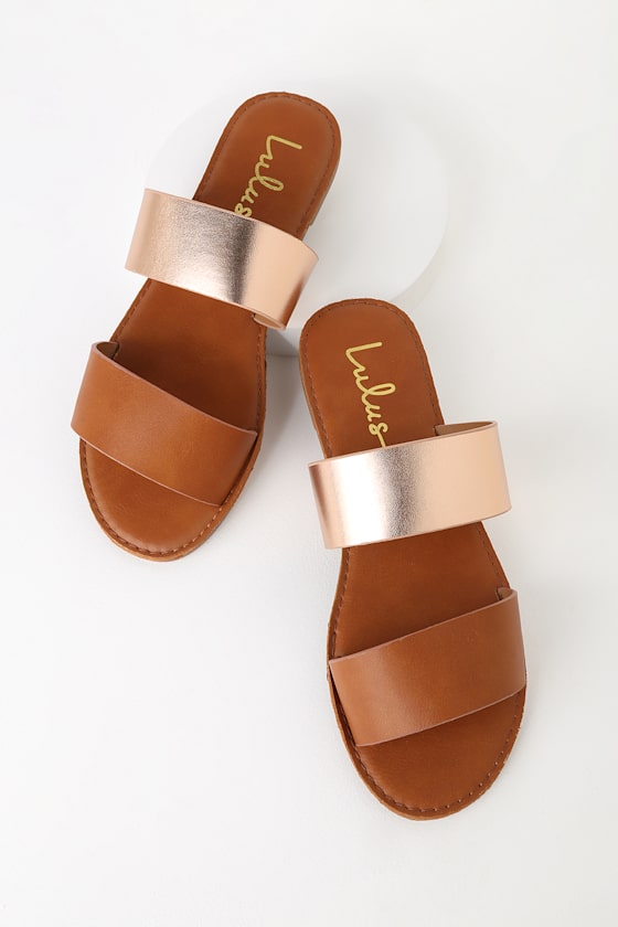 Time to Chill Tan and Rose Gold Slide Sandals 2