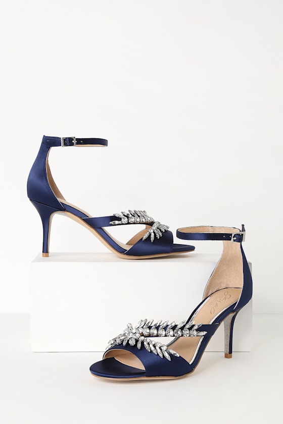 Kailee Navy Satin Rhinestone Ankle Strap Heels 1