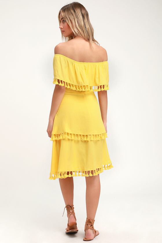 Pensacola Yellow Off-the-Shoulder Tasseled Midi Dress 2