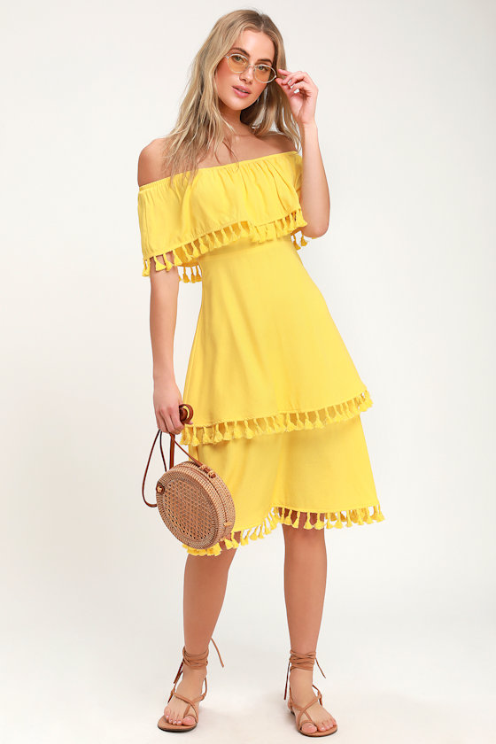 Fun Yellow Dress OfftheShoulder Dress Tasseled Dress Midi Lulus