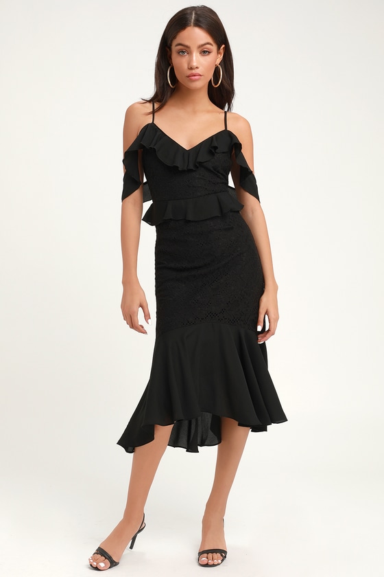 Sexy Black Lace Dress - Cold-Shoulder Dress - Lace Midi Dress