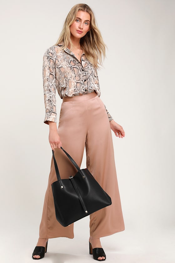 Sleek Stride Taupe Satin Wide-Leg Pants 1