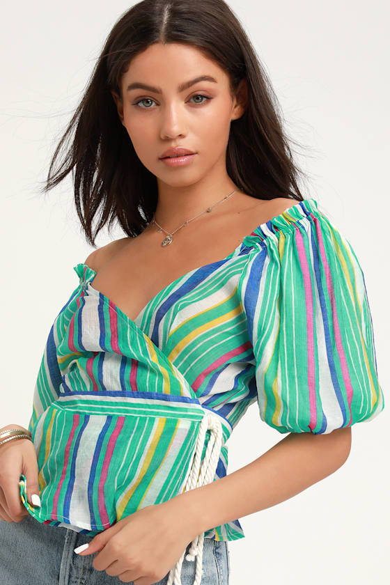 Cute Mint Blue Multi Stripe Top Puff Sleeve Top Wrap Top Lulus