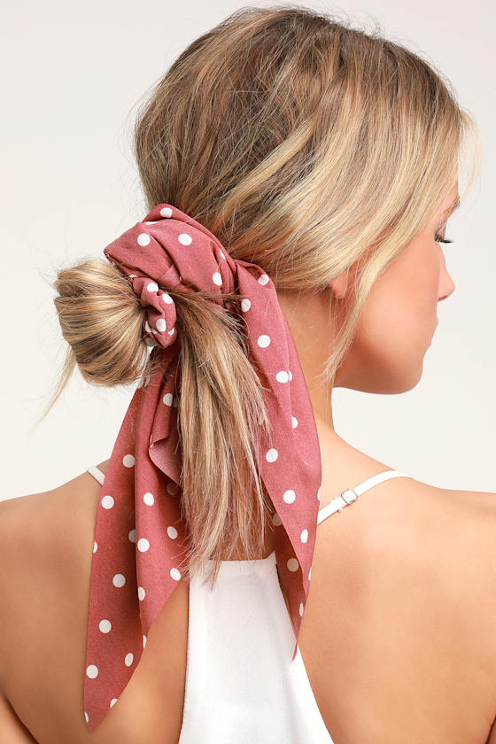 Soleil Rusty Rose Polka Dot Scarf Ponytail Holder 3