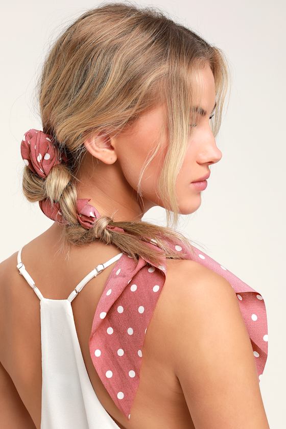 Soleil Rusty Rose Polka Dot Scarf Ponytail Holder 5