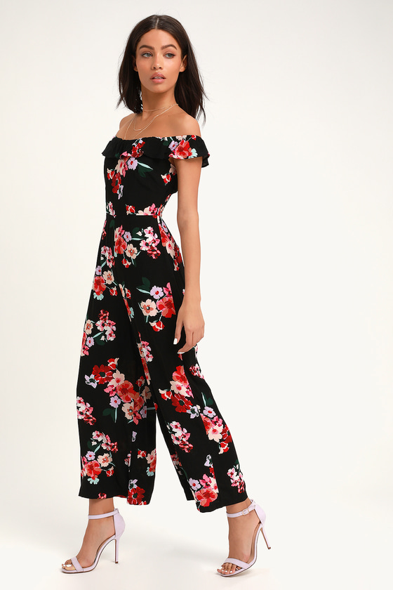 Lovely Black Jumpsuit - Floral Print Jumpsuit - Culotte Jumpsuit