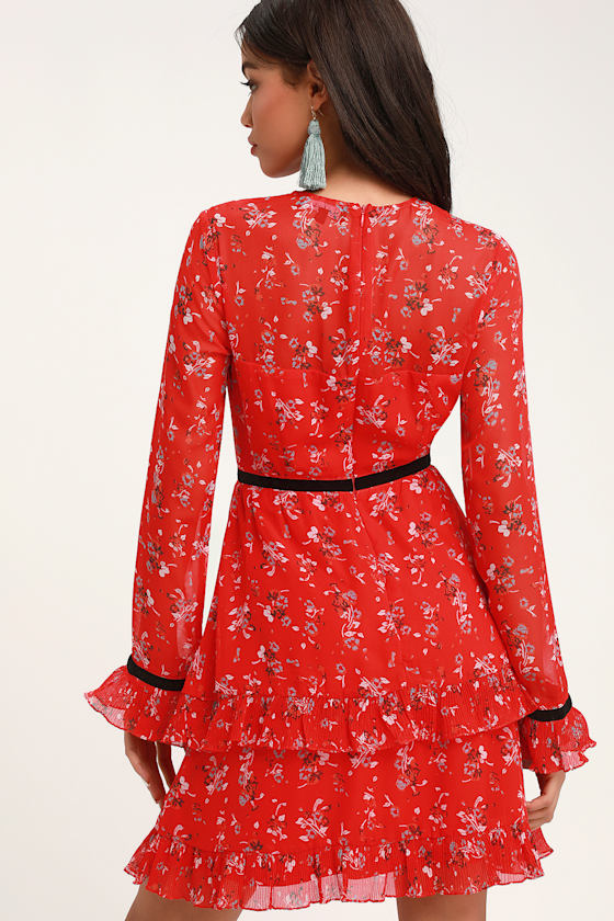 Floral to See Red Floral Print Long Sleeve Mini Dress 2
