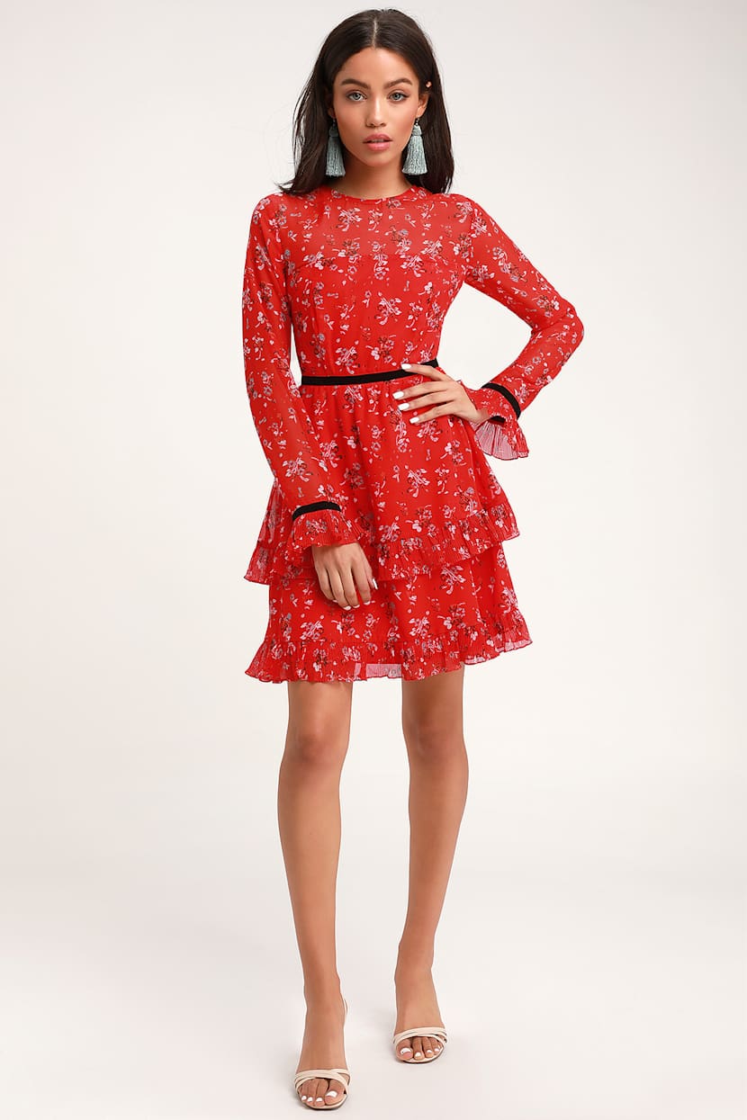 radiant ruby red floral print chiffon maxi dress Floral Print Lulus Red Polka Dot Dress Radiant Ruby Red Floral Print  Chiffon Maxi Dress