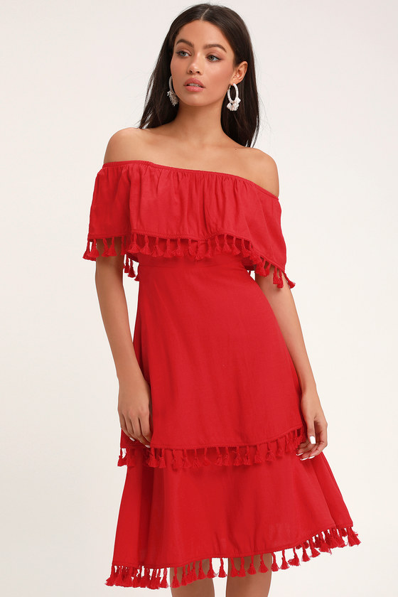 Fun Red Dress - Off-the-Shoulder Dress - Tasseled Dress - Midi - Lulus